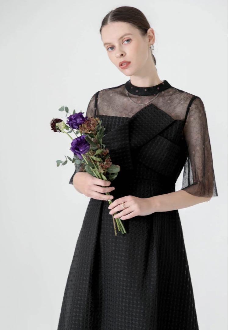 leja ビスチェ風切り替えプチハイネック花柄シアーレースワッフルロングドレス