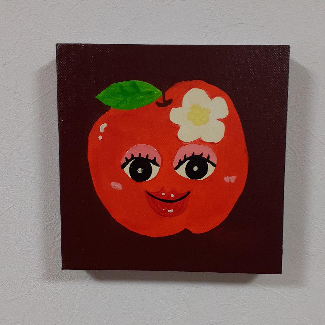 ハッピーアップルちゃん　油絵 20×20cm キャンバス　画家　小楠アキコ作品