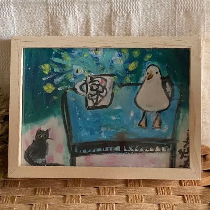 絵画。原画手描き【北欧風、黒猫と花の並んだテーブルの上の白い鳩