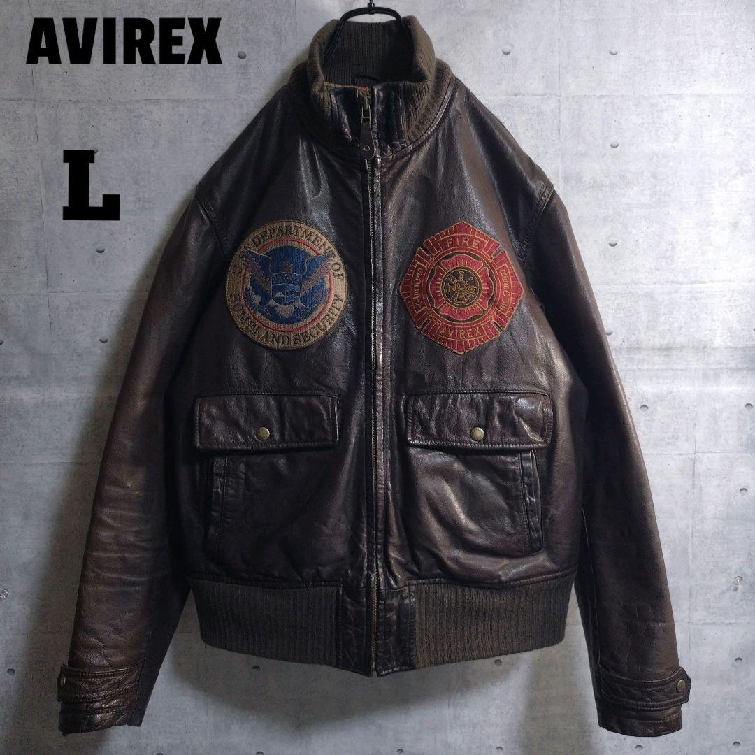 AVIREX★牛革 リアルレザー ワッペン付き レザージャケット 茶 L