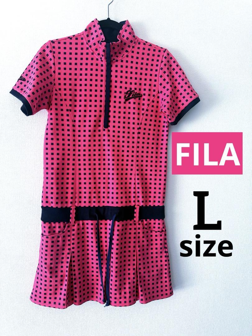 【美品即納】FILA 総柄ポロプリーツワンピース Lsize ゴルフウェアピンク