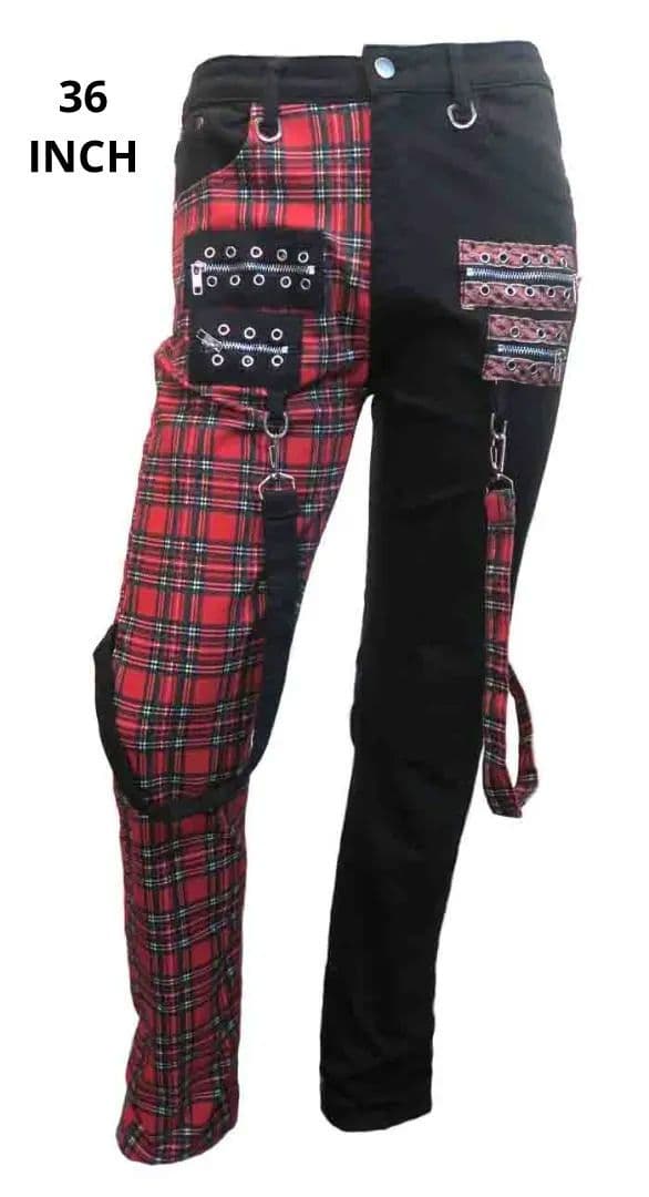 36INCH 94cm ボンテージ 風 チェック パンツ 切替 赤 黒 ゴシック3XL 4L