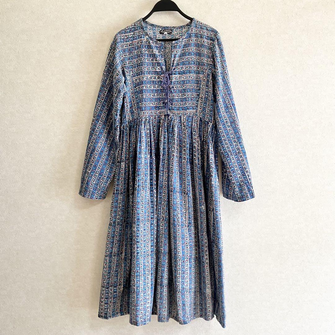 PHOOL インド綿　vintageインド綿ワンピース　70s ブロックプリント 70s PHOOL インド綿ワンピース | 長袖ドレス - 古着屋