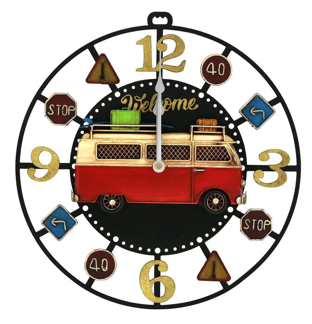 【新品】ブリキ 時計 赤 バス clock bus 掛け時計 ビンテージ