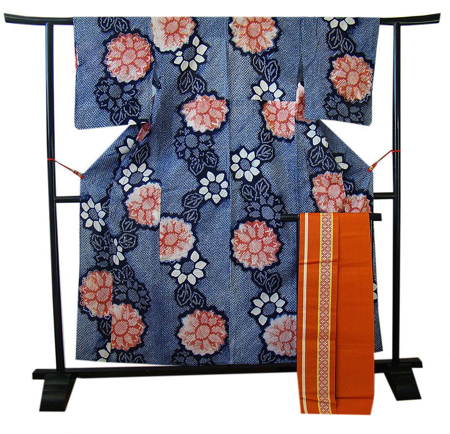 美品 Ｓ寸 鳴海総絞りの浴衣 ロング四寸帯 ２点セット：仕立上り＜Ym129＞