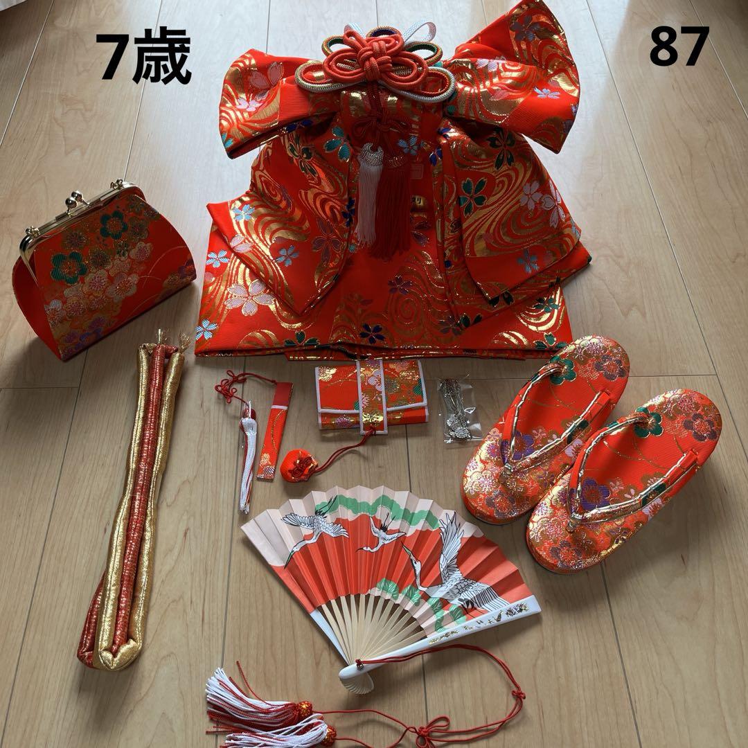 87　朱色×梅×桜　ペアセット　結び帯　箱せこセット　7歳　七五三