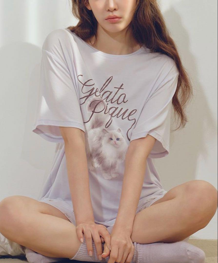 ②ジェラートピケ　CAT柄ワンポイントTシャツ&ショートパンツセット　ラベンダー