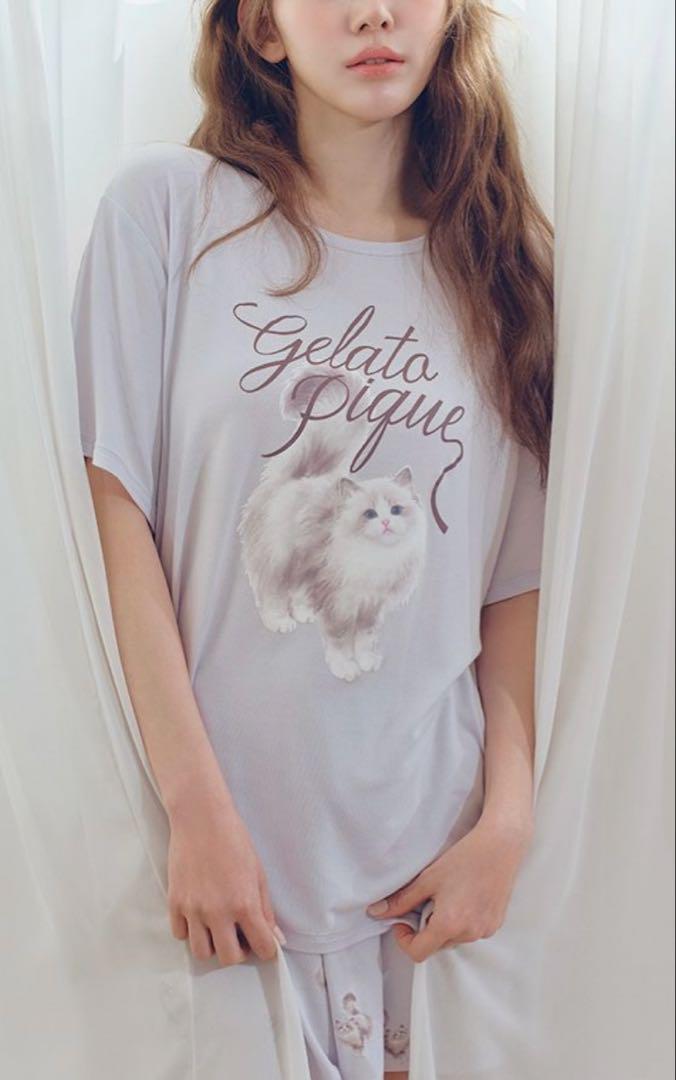 ②ジェラートピケ　CAT柄ワンポイントTシャツ&ショートパンツセット　ラベンダー