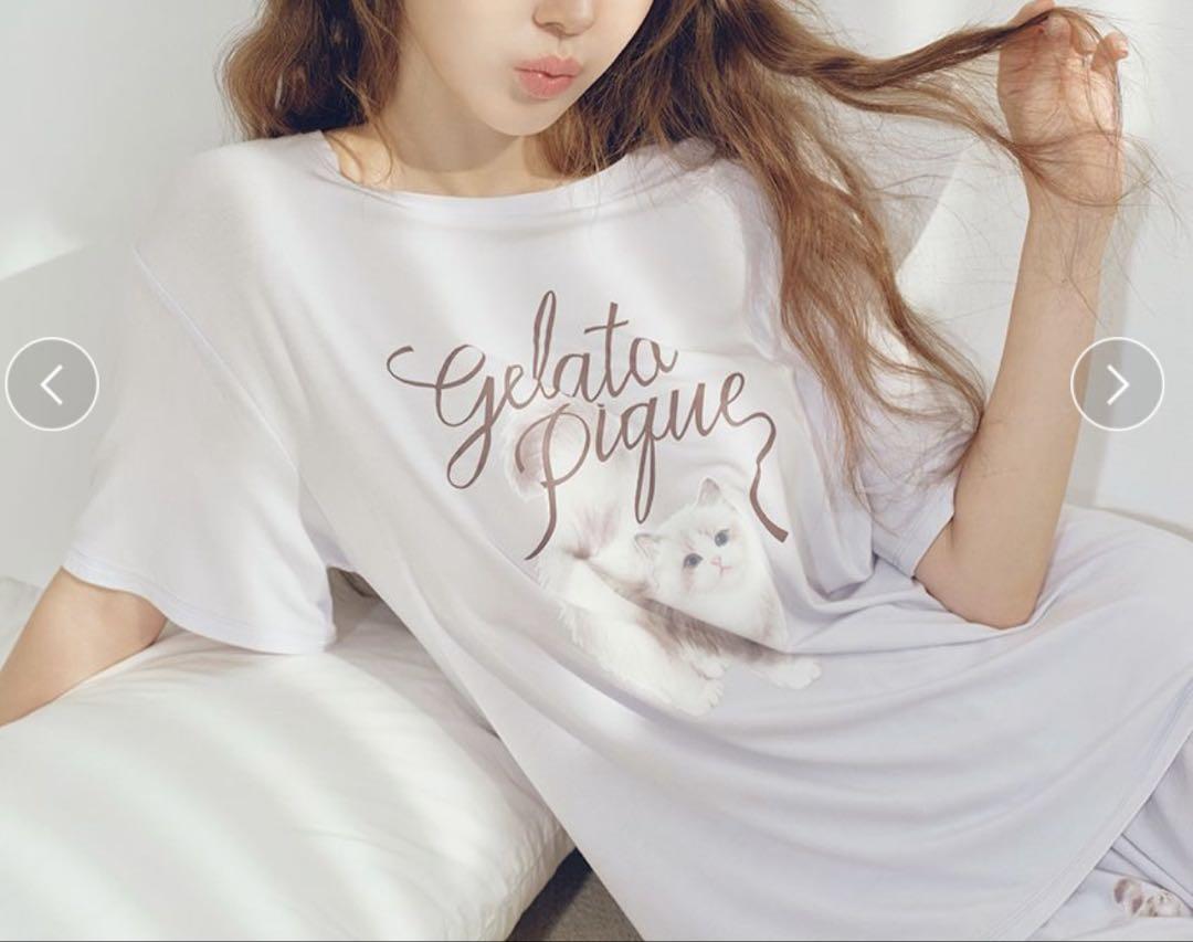 ②ジェラートピケ　CAT柄ワンポイントTシャツ&ショートパンツセット　ラベンダー