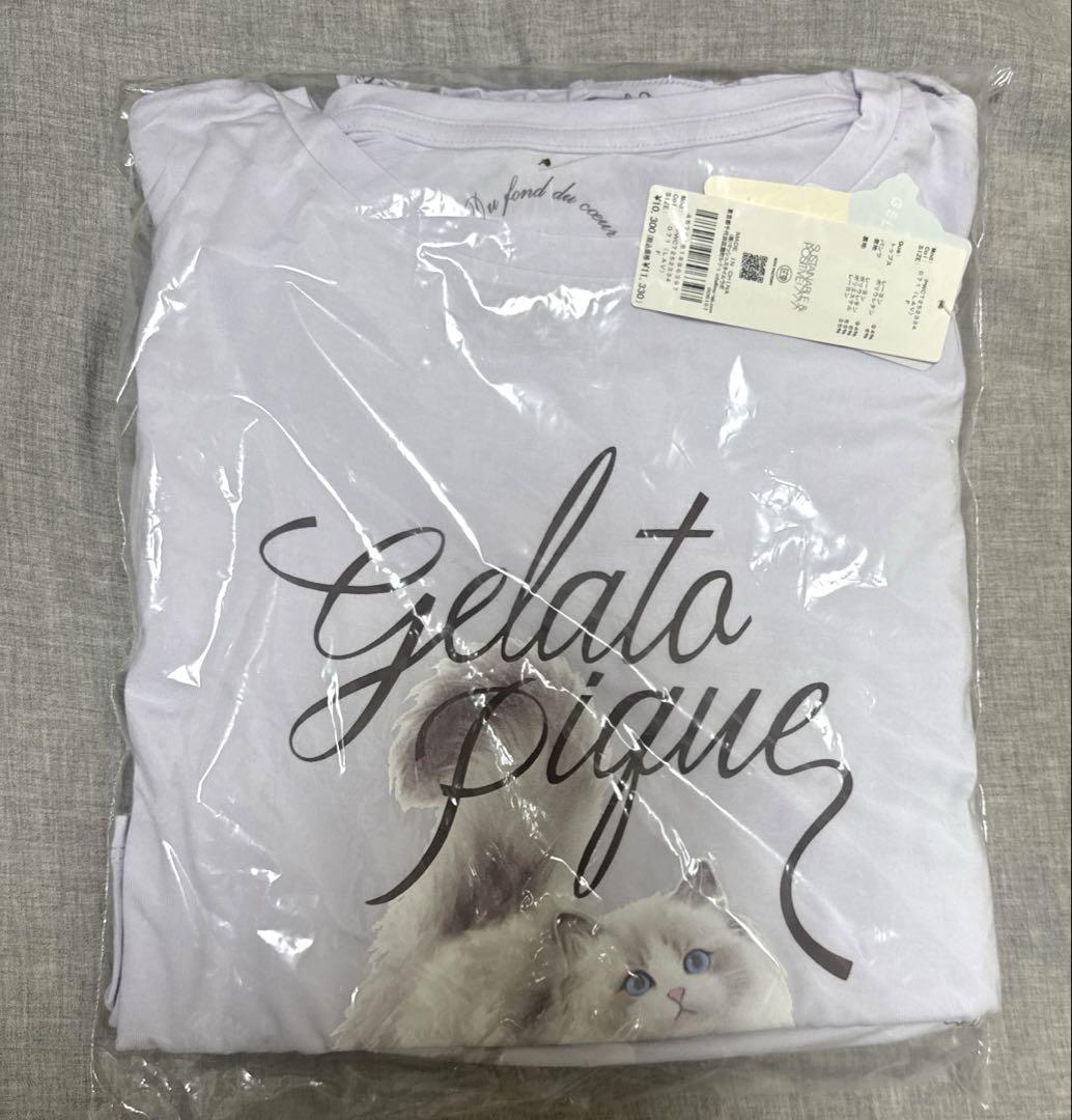②ジェラートピケ　CAT柄ワンポイントTシャツ&ショートパンツセット　ラベンダー