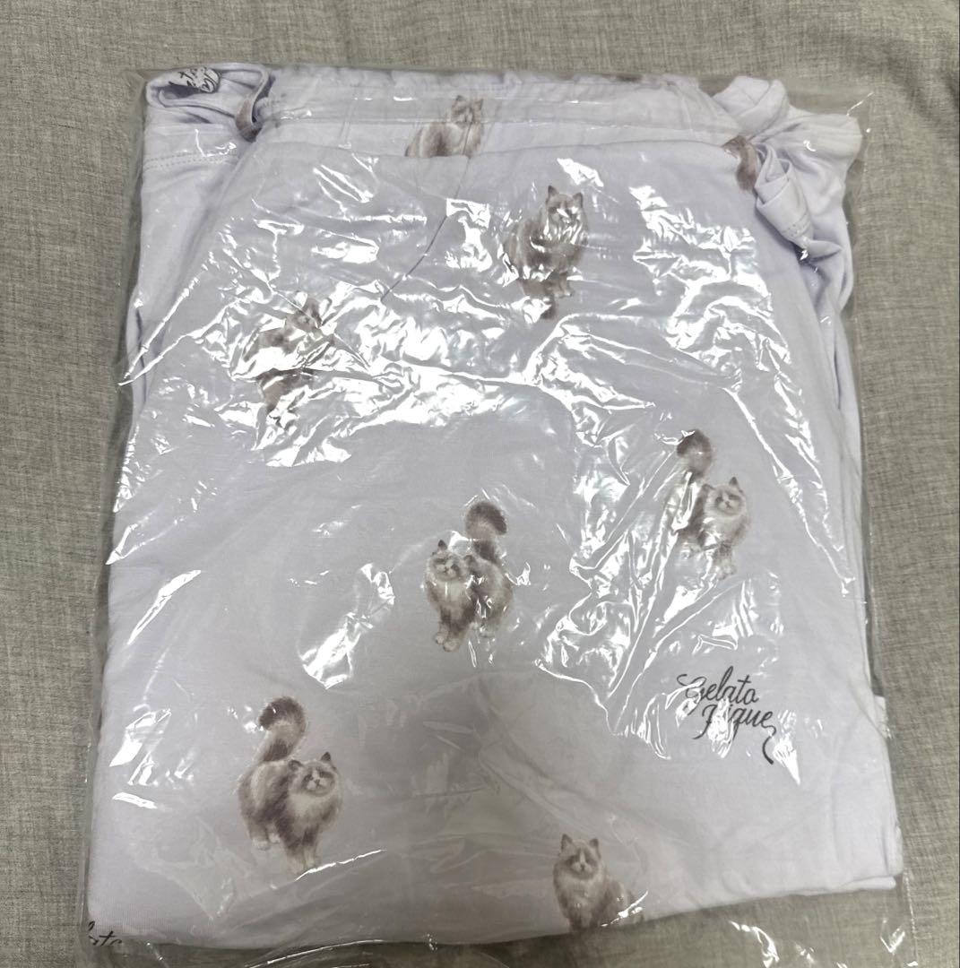 ②ジェラートピケ　CAT柄ワンポイントTシャツ&ショートパンツセット　ラベンダー