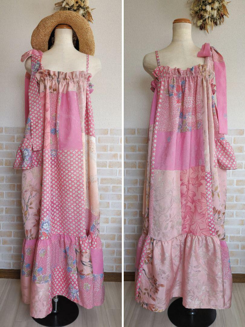 ☆たくさんのピンク色 着物リメイク ハンドメイド ゆったりワンピース☆