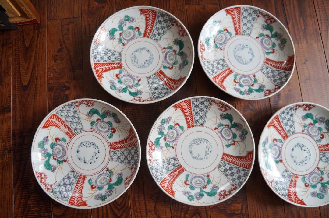 横山様ご予約品★古皿・大皿・印判・アンティーク・色絵5枚セット・華・食器・陶器
