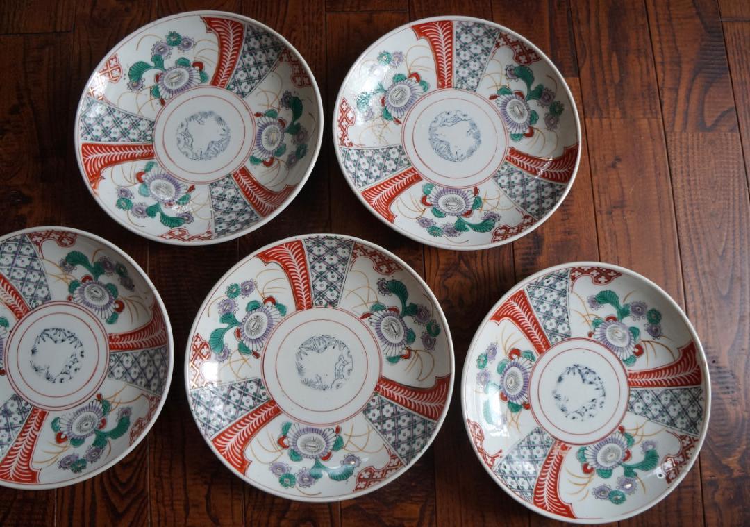 横山様ご予約品★古皿・大皿・印判・アンティーク・色絵5枚セット・華・食器・陶器