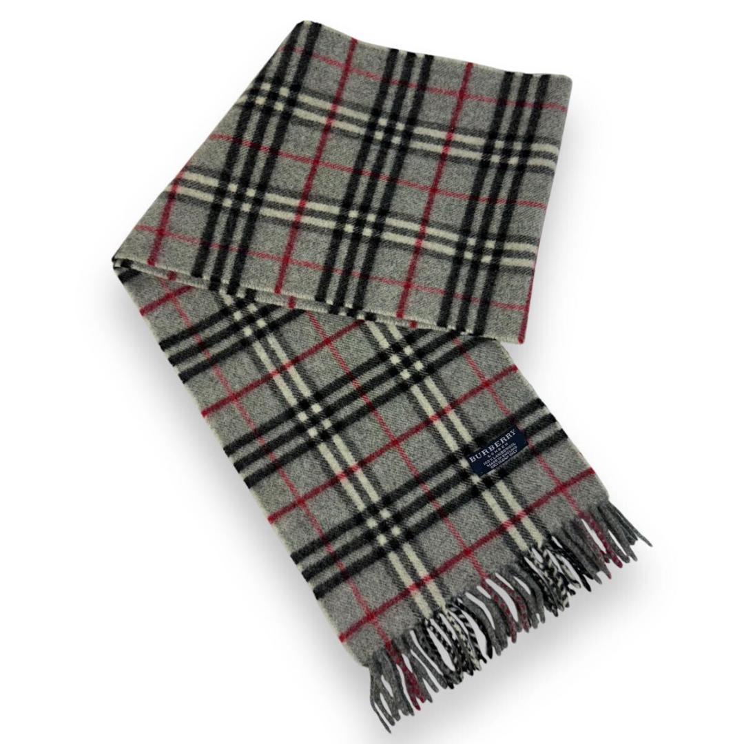 【美品】Burberry ウール マフラー ノバチェックフリンジ グレー 英国製