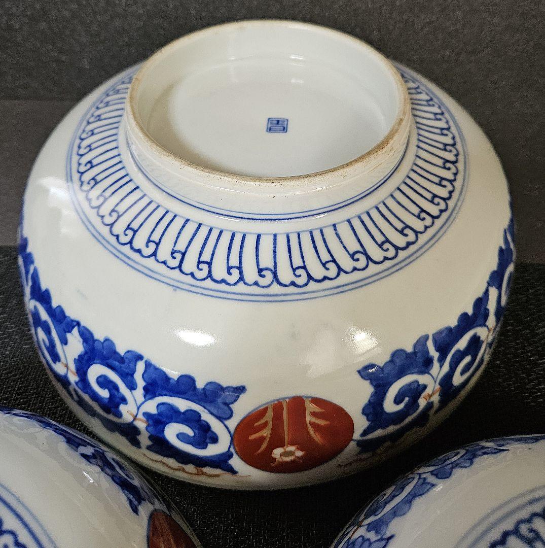 1900年代初頭　錦手　山水図三ツ鉢　箱有　青海波文　舟　二重高台　明治大正期 1900年代初頭 錦手 山水図三ツ鉢 箱有 青海波文 舟 二重高台