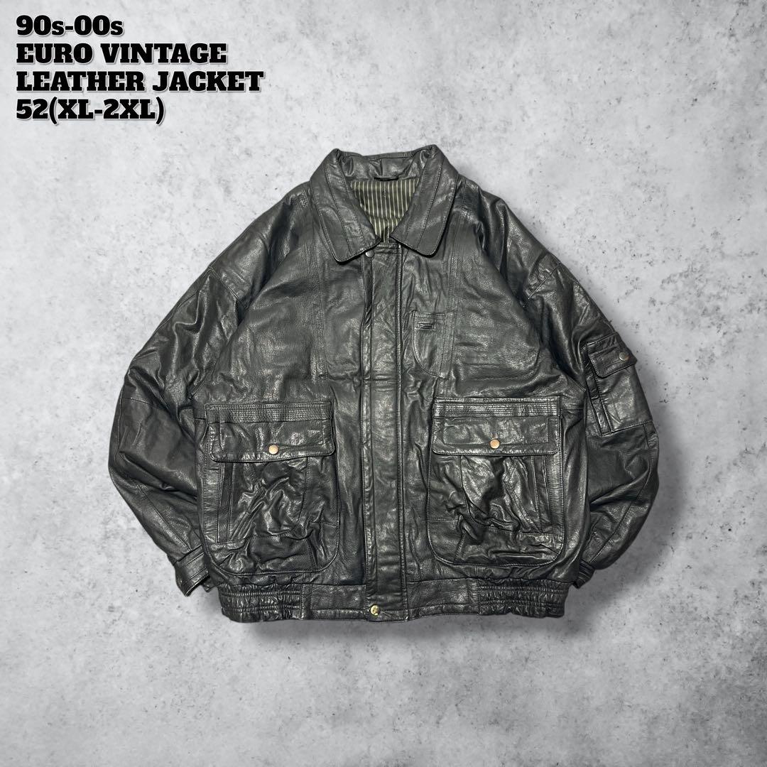 90sユーロヴィンテージレザーフィールドジャケット羊革シープ黒ブラック2XL古着2XL 3L VINTAGE