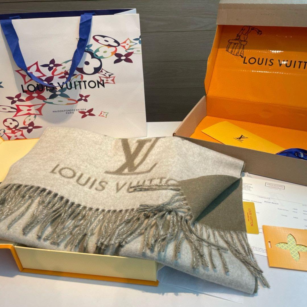 Louis Vuitton ロゴ入りマフラー ベージュ/グレー