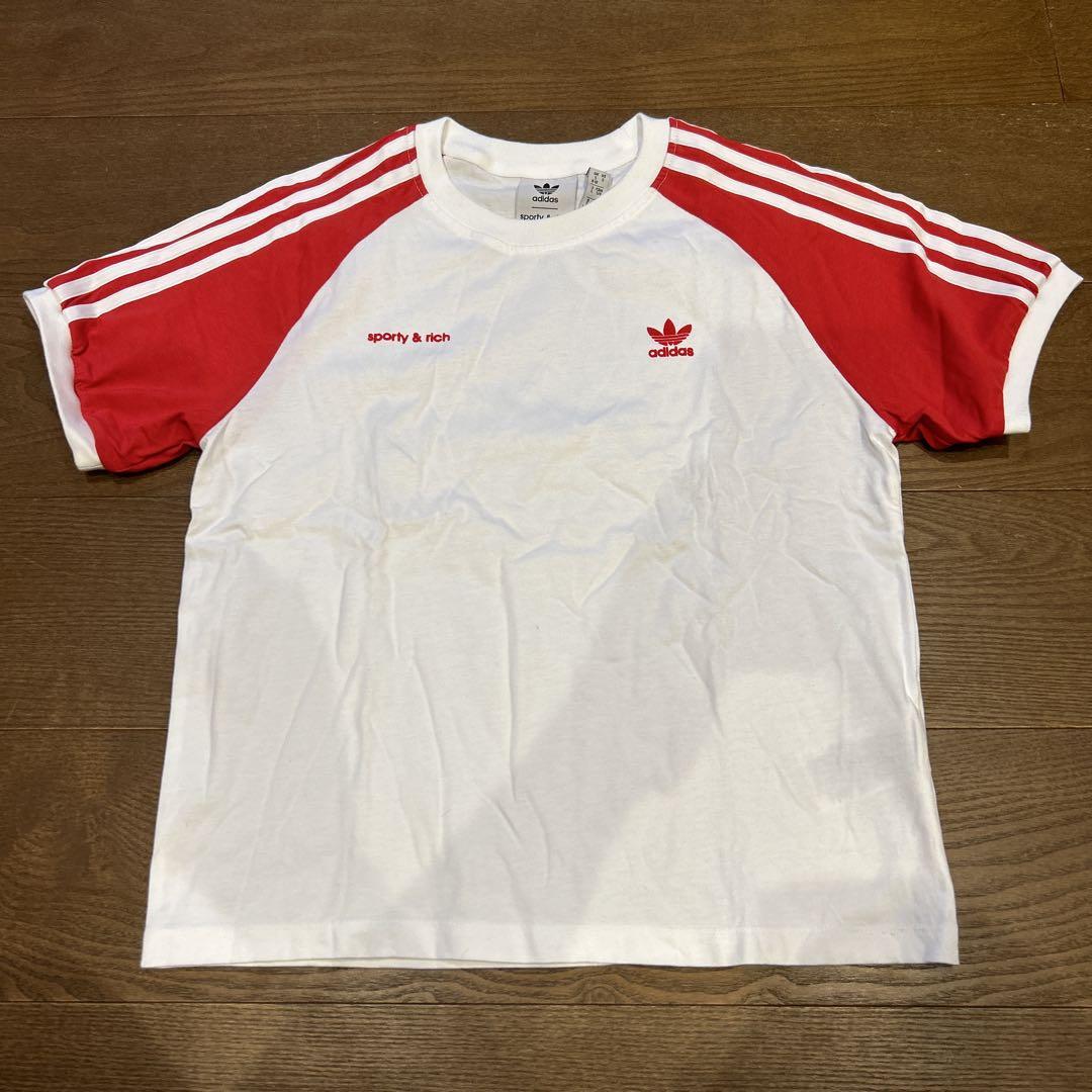 新品 アディダス adidas スポーティ&リッチ ラグランTシャツ L 白赤
