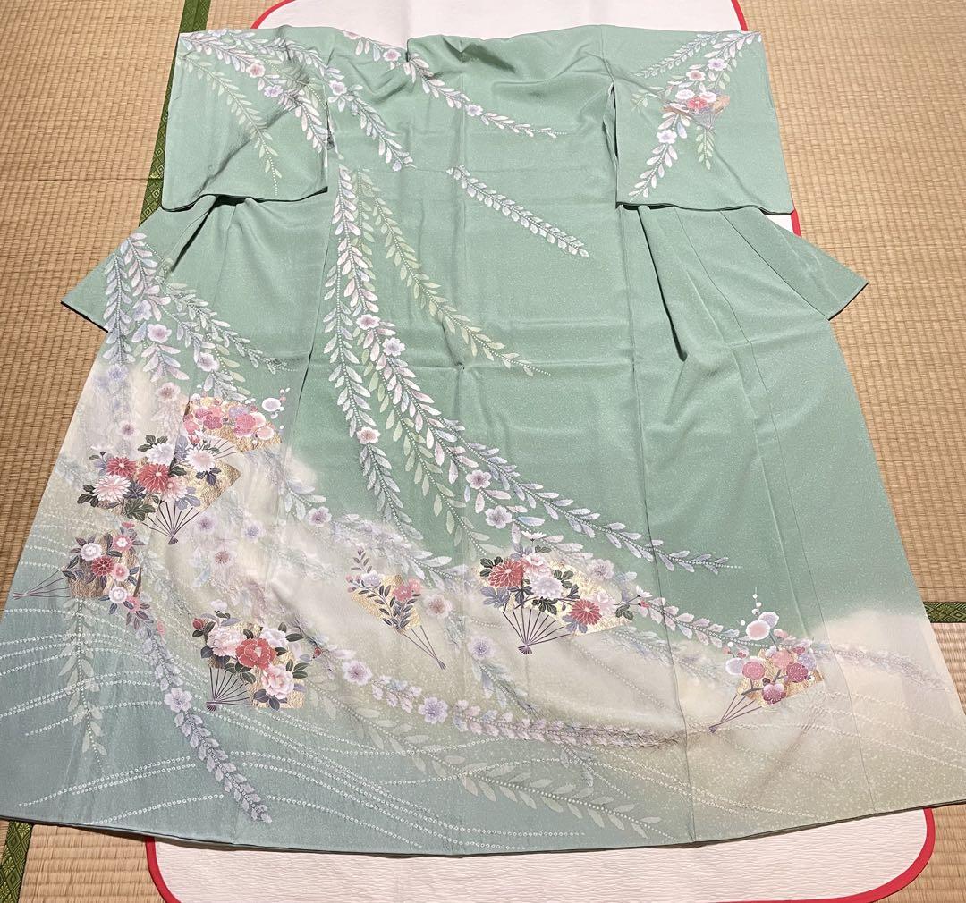 訪問着フルセット 絞り 金彩 花扇 唐織錦 本金箔 正絹 薄緑