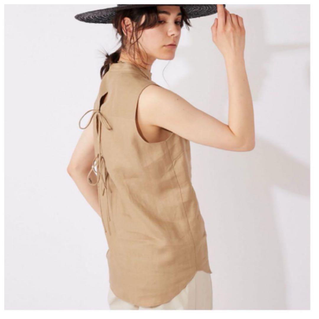 スペシャル特典 美品】Whim Gazetteノースリーブブラウス ベージュリネン100 シャツ+ブラウス(半袖+袖なし)