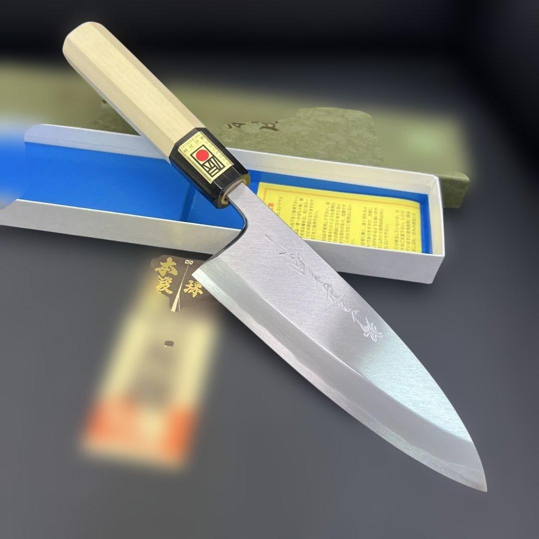 青鋼はがね本鍛錬出刃包丁150mm水牛白八角柄マチ磨き裏押し済み新品、♥