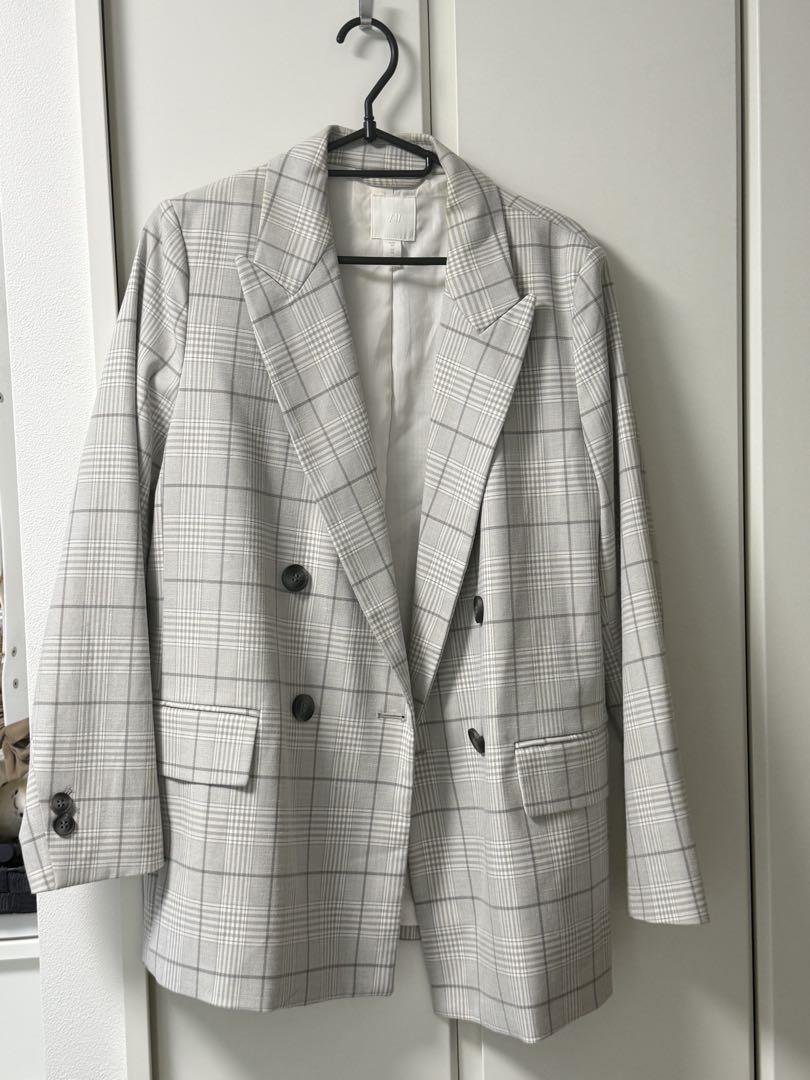 グレー チェック柄 シングルブレストジャケット H&M グレー チェック柄 ダブルブレストジャケット - メルカリ