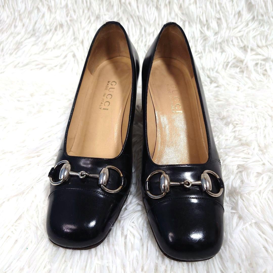 【美品】グッチ パンプス ホースビット エナメル ヒール 黒 サイズ36