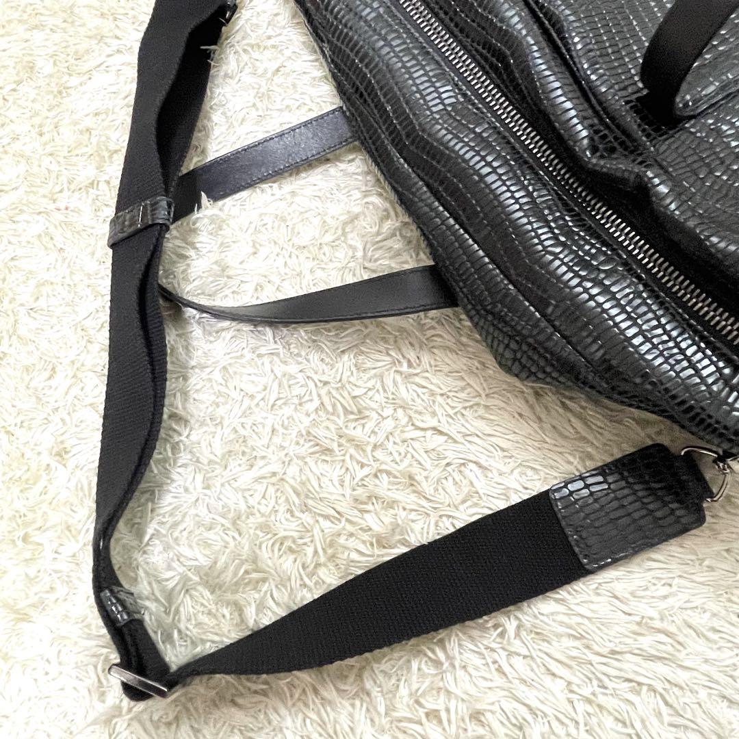 ヒロフ　トートバッグ　ボストンバッグ　2way ブラック　レザー　クロコ型押し