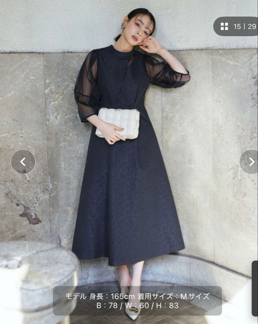 パーティードレス ネイビー シアーランタンスリーブふくれジャガードドレス