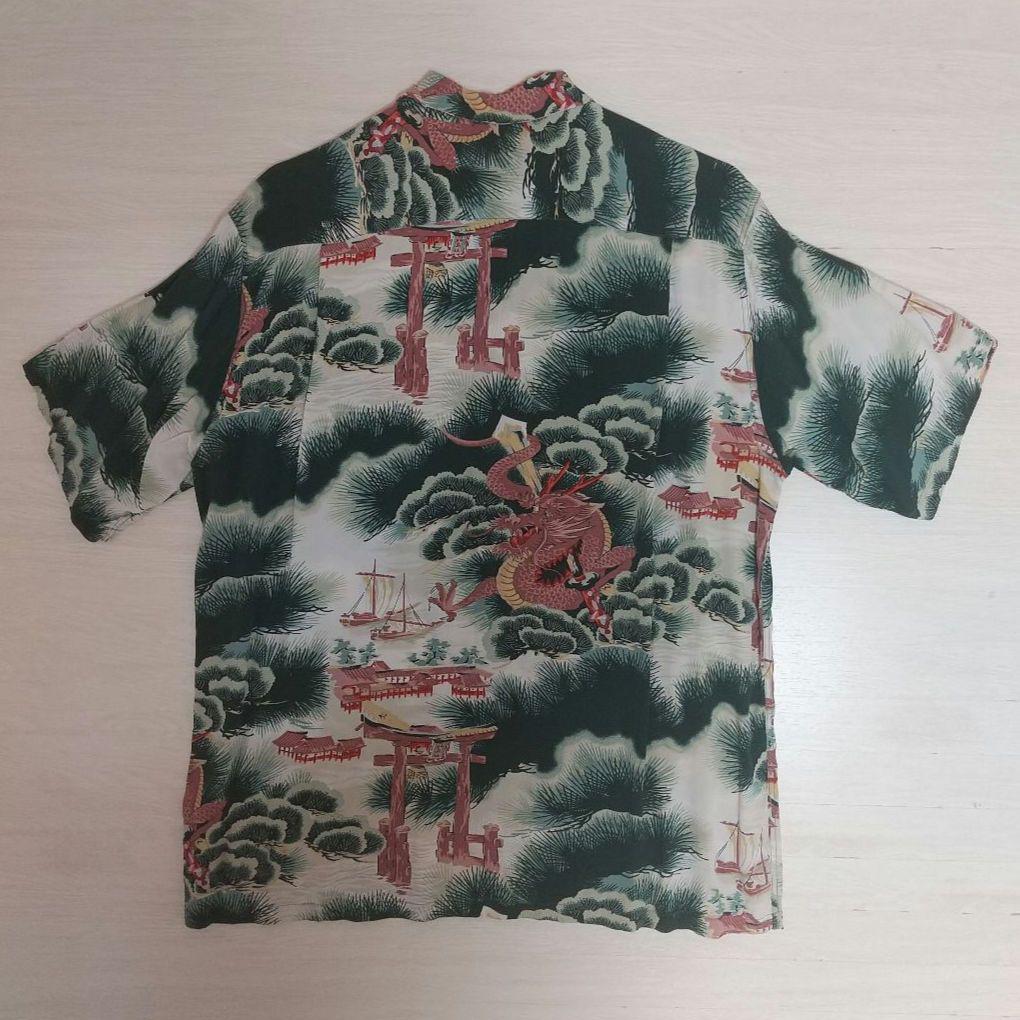 SUN SURF サンサーフ アロハシャツ L 龍 鳥居 松 緑