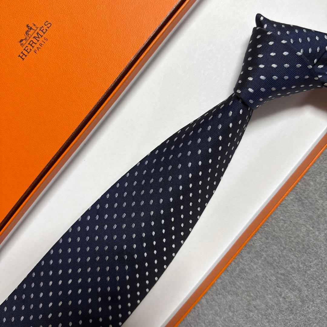 エルメス ネクタイ 紺 ドット シルクジャガードHERMES