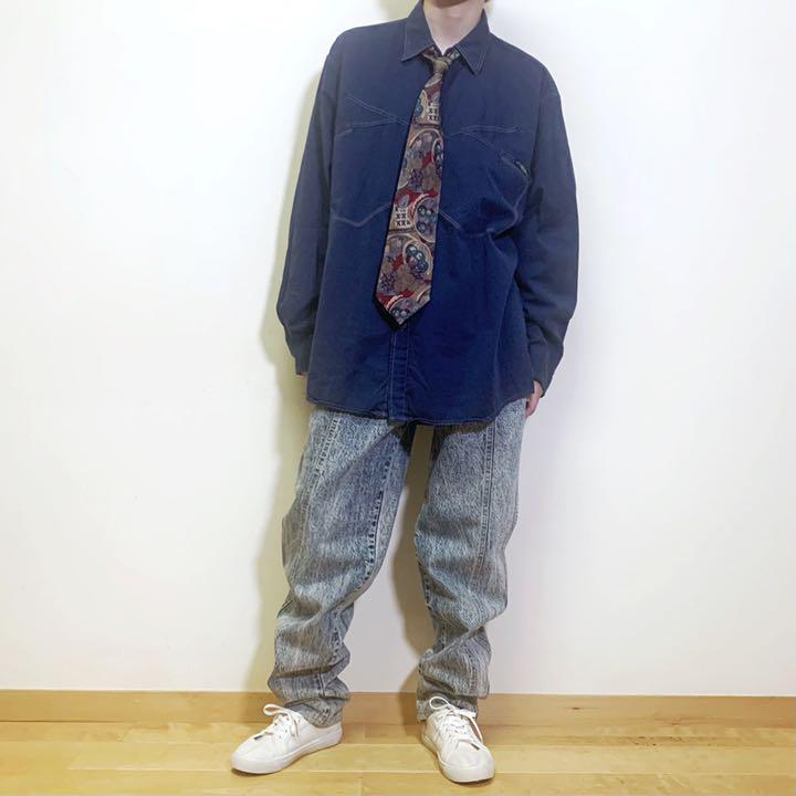 ユニセックス古着 コーデ売り ブルー青 ネクタイ キレカジ デニム バギーパンツ メルカリ ユニセックス古着 コーデ売り ブルー青 ネクタイ キレカジ デニム バギーパンツ メルカリ