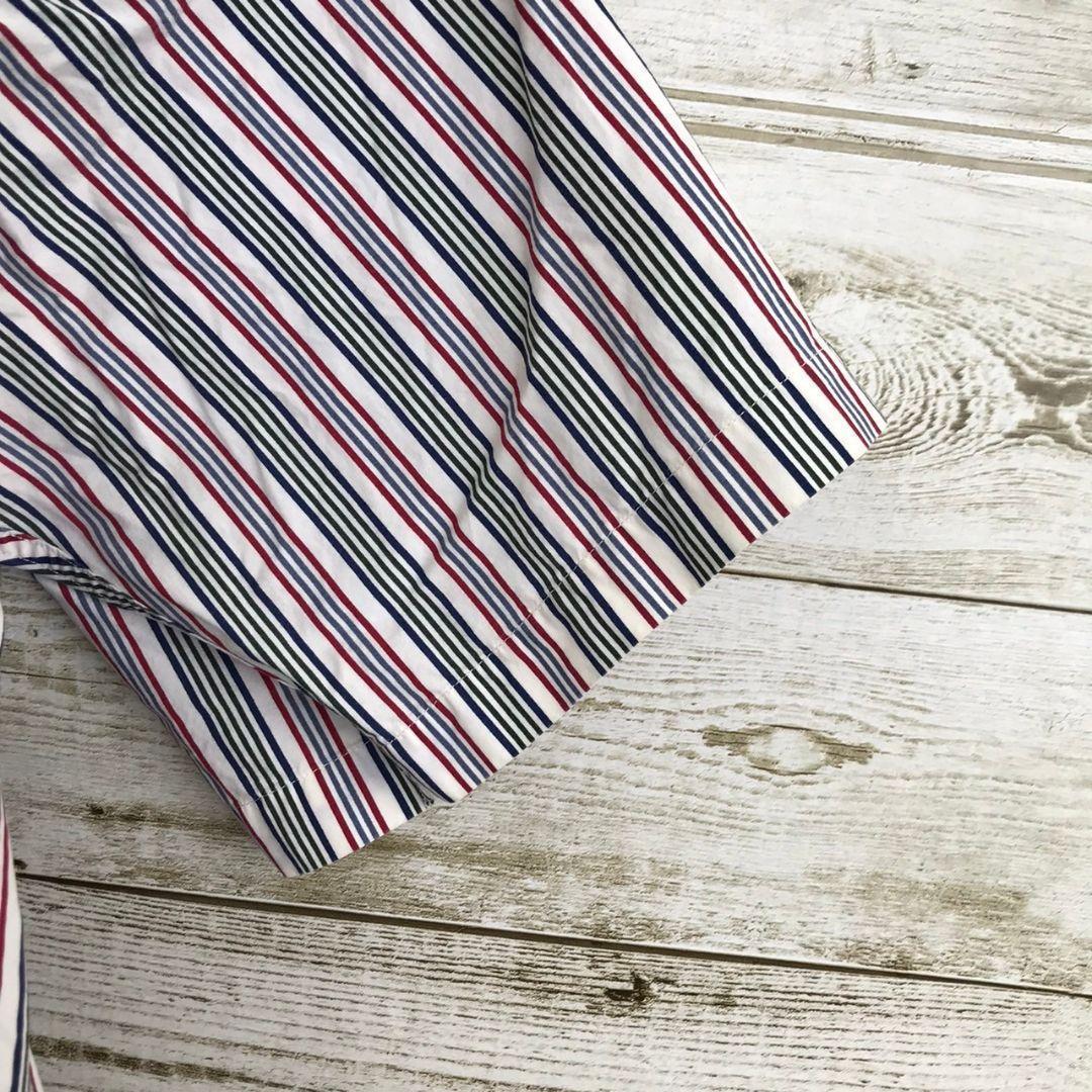 トミーヒルフィガー ストライプ USA古着 90s 半袖 Tシャツ ネイビー 90s トミーヒルフィガー US アメリカ古着 マルチカラーストライプ 刺繍ロゴ 半袖 ボタンダウンシャツ XL