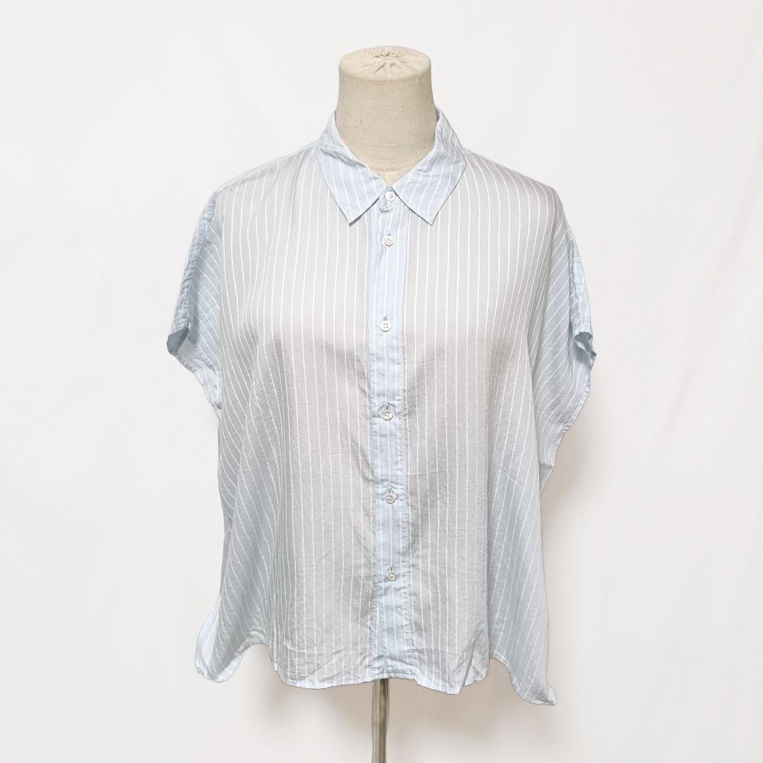 【美品】ギャルリーヴィー シルク混ストライプシャツ 水色 F