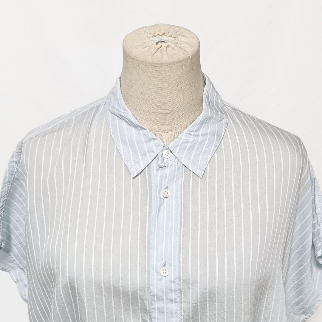 【美品】ギャルリーヴィー シルク混ストライプシャツ 水色 F