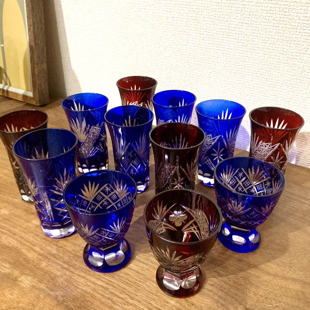12客 セット 色被せ切子 ビールグラス お猪口 ぐい呑み 紅色 藍色