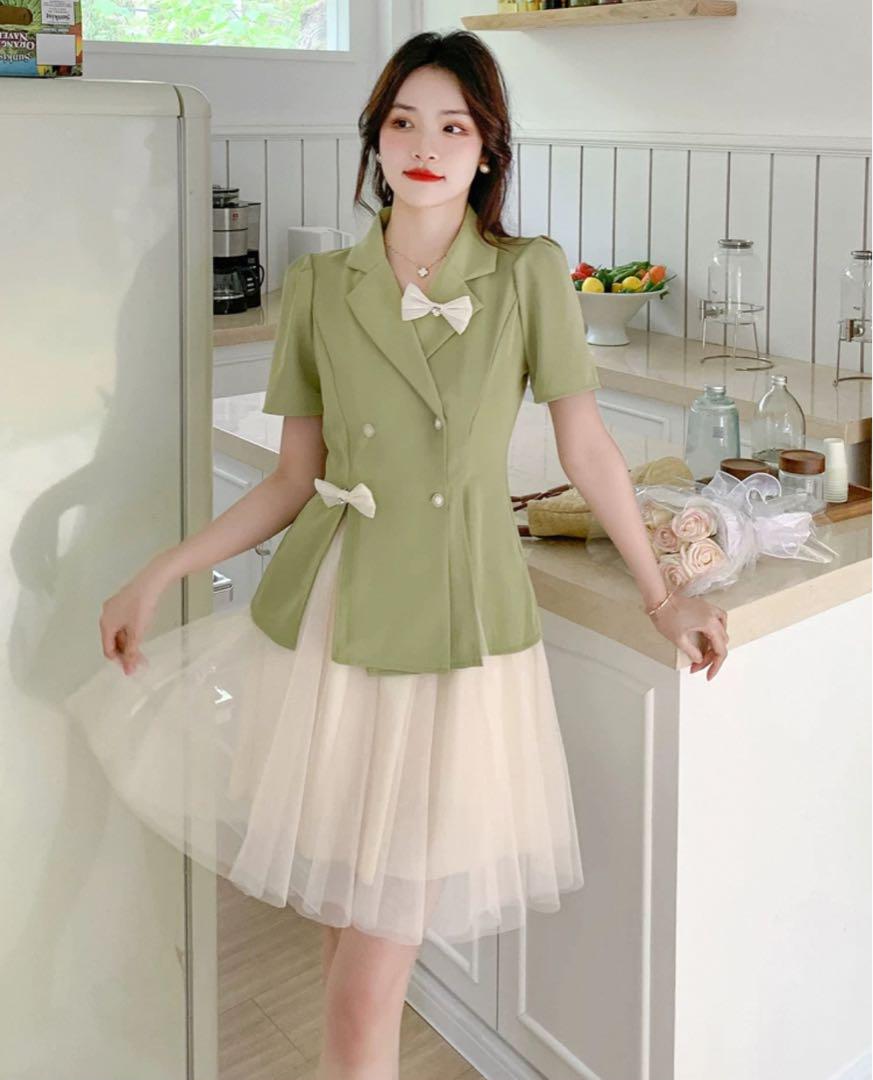 春夏♡リボンアクセント付きレースミニワンピース可愛いパステルグリーン