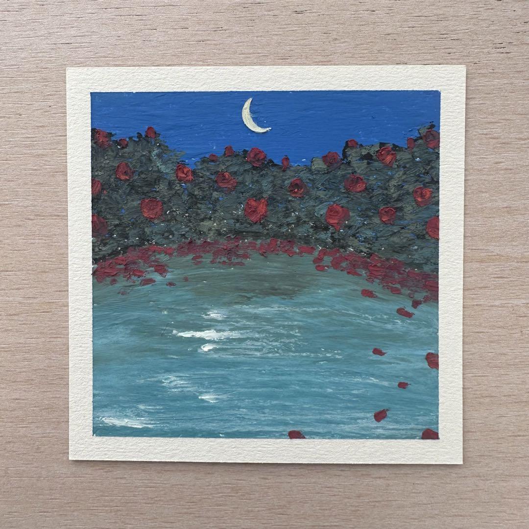手描きイラスト 月とバラ 風景画 オイルパステル 原画 by メルカリ