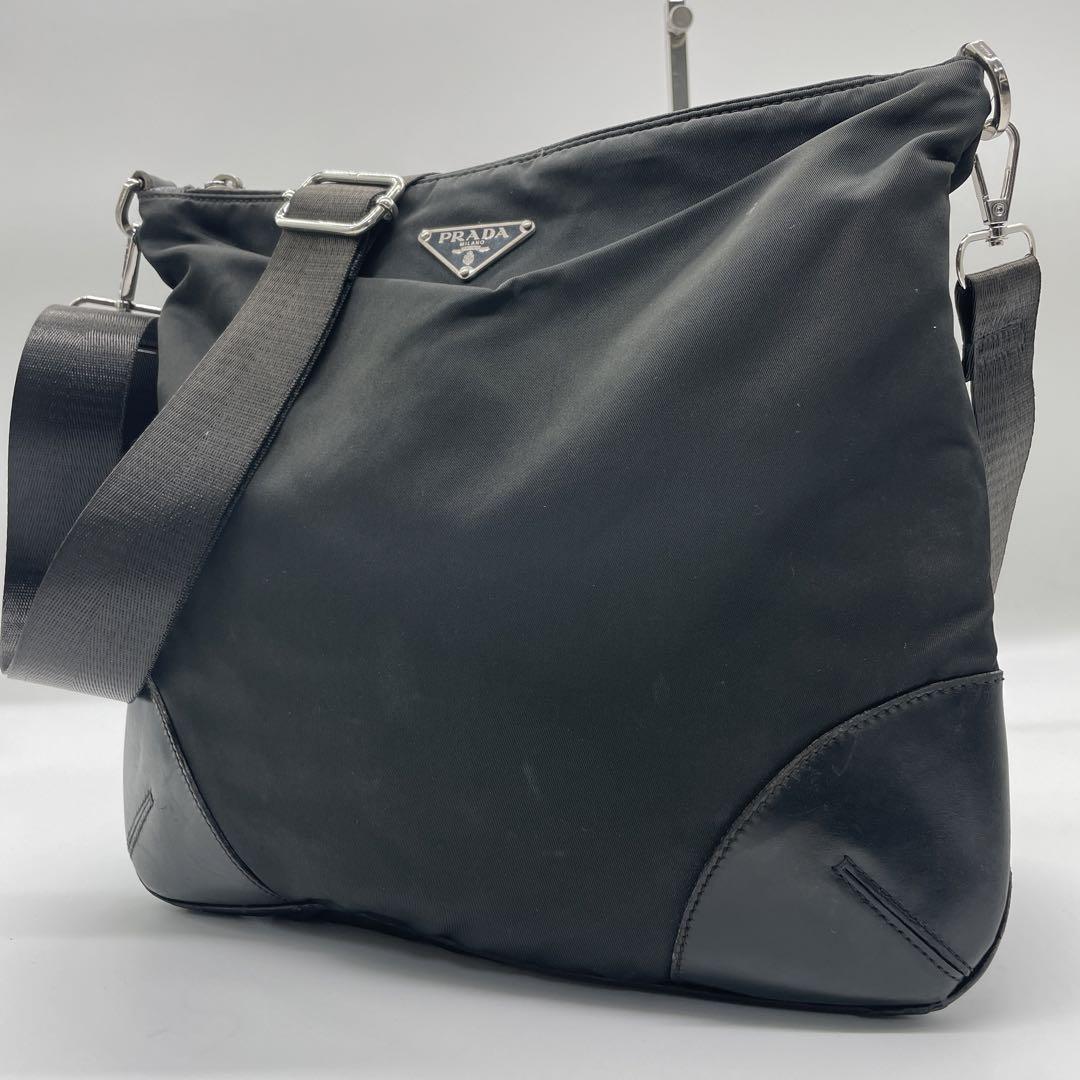プラダ PRADA ナイロン×レザー ショルダーバッグ サコッシュ ブラック