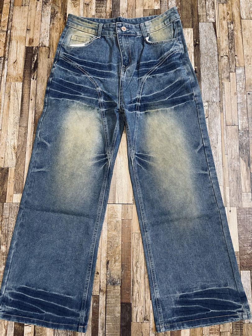 韓国DenimJeans ブルーウォッシュ ダメージ 太ストレート