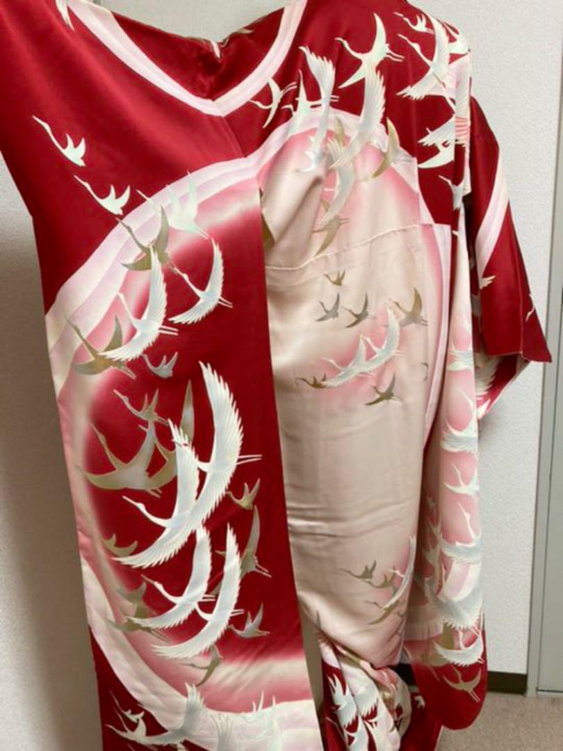 振袖　鶴文様　赤地ピンク