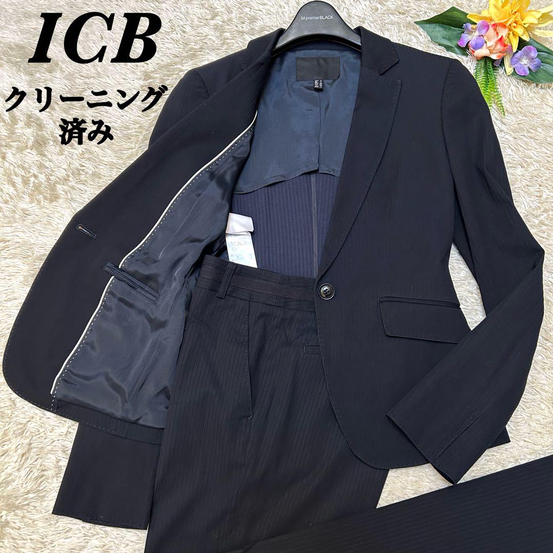 極美品 アイシービー パンツスーツ セットアップ ストライプ ブラック M