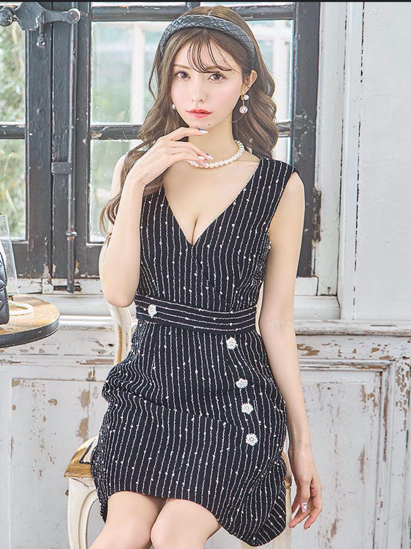 JEWELS ブラック ストライプ Vネック ドレス S