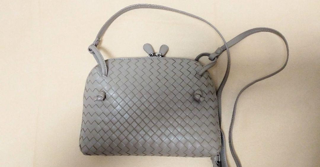 総革(羊革)グレー レザー 編み込みショルダーバッグ