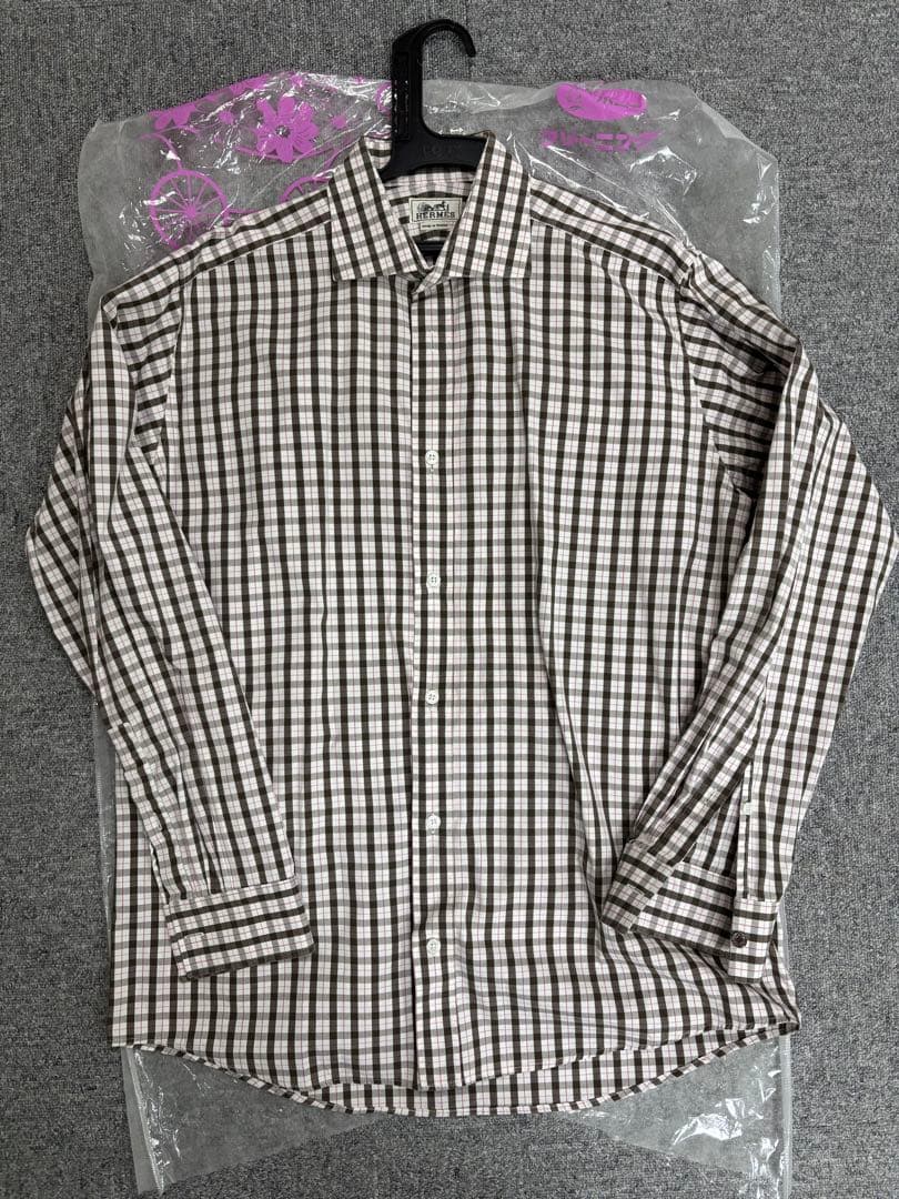 HERMES チェック柄 コットン長袖シャツ ピンク グレー ブラウン 白XL LL HERMES