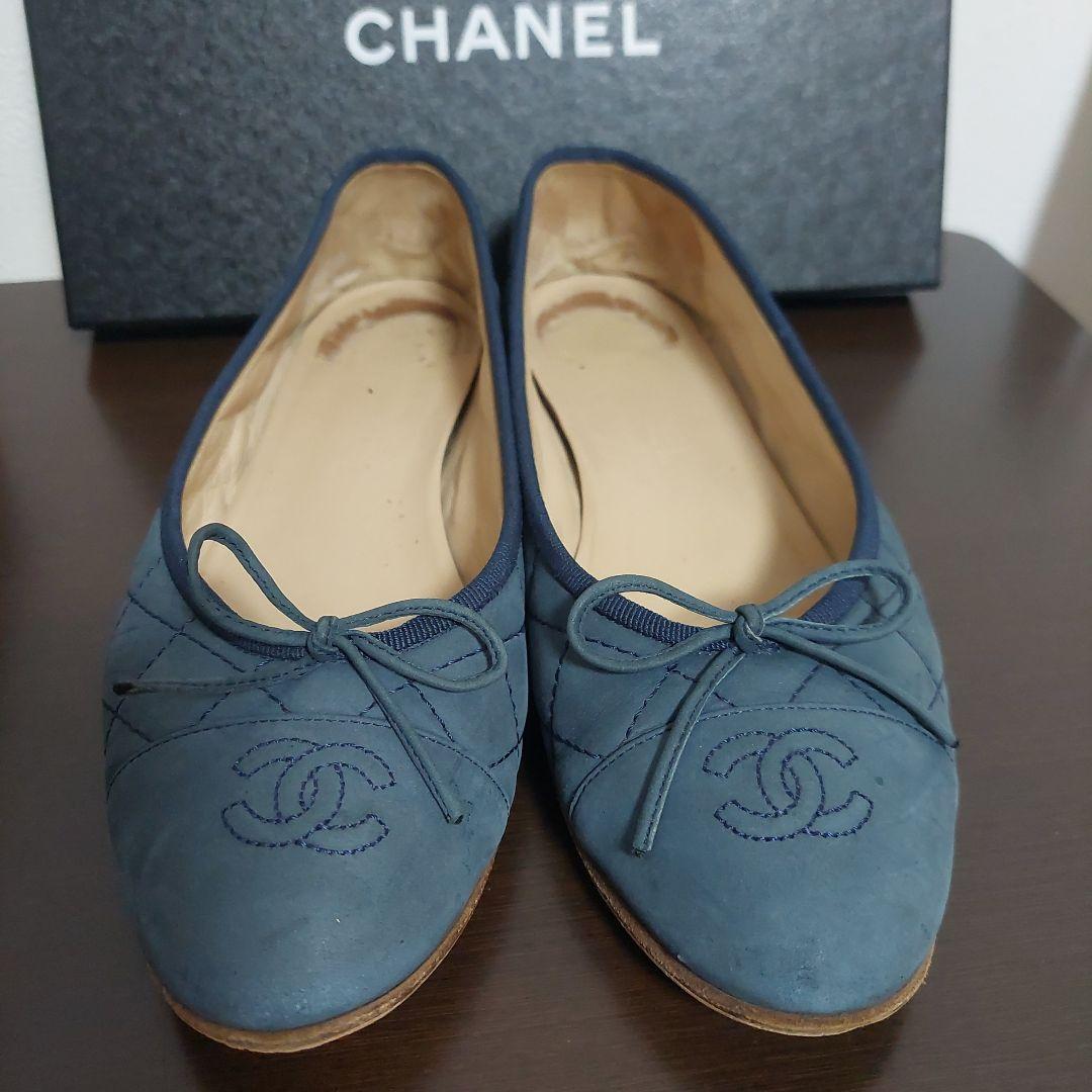CHANEL 青 バレエシューズ キルティングデザイン