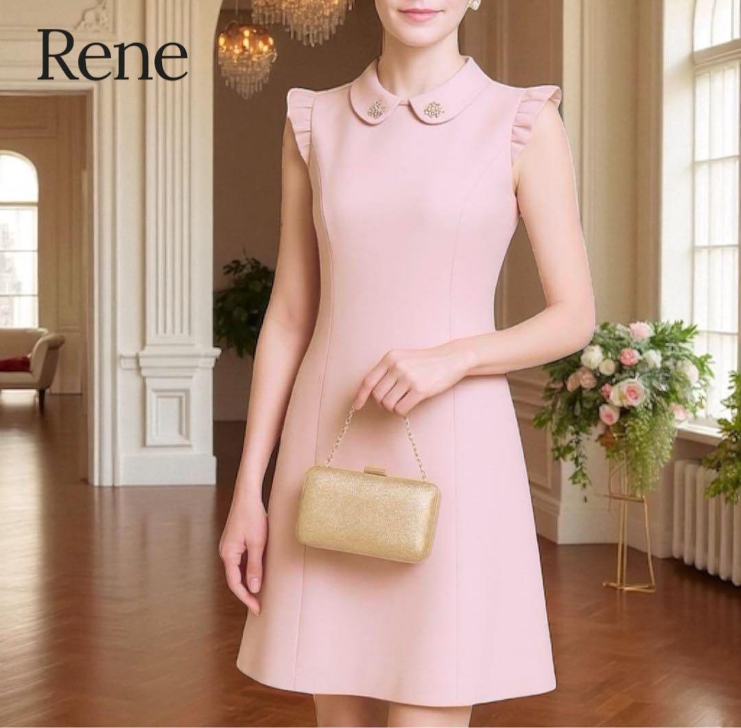 新品✨Rene（ルネ）ピンクAラインワンピース 襟元ビジュー ノースリーブ 34