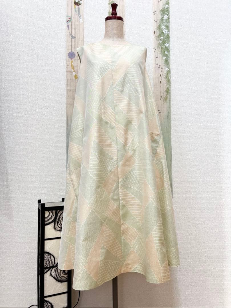 ハンドメイド　気軽に着てほしい大島紬のノーカラーAラインワンピース　夏陰