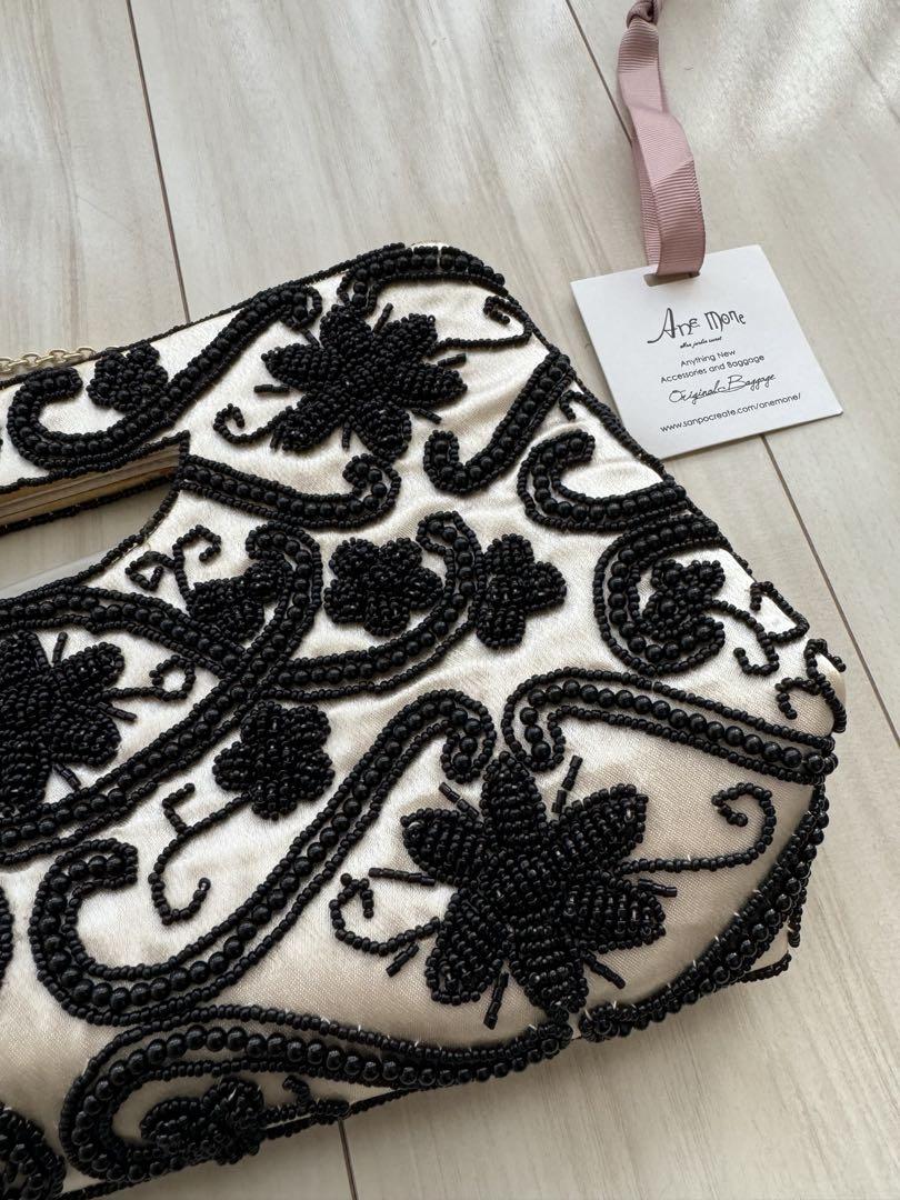 【美品】ANEMONE アネモネ ビーズ刺繍 パーティーバッグ 安価ファッション - パーティーバッグ アイボリーと黒 ビーズ